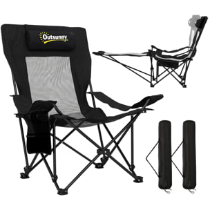 Outsunny Conjunto de 2 Sillas Plegables Camping Tumbonas Camping Portátiles con Respaldo Ajustable 4 Niveles Reposapiés Desmontable Reposacabezas Portavasos Bolsillo Lateral Bolsa Carga 120 kg Negro