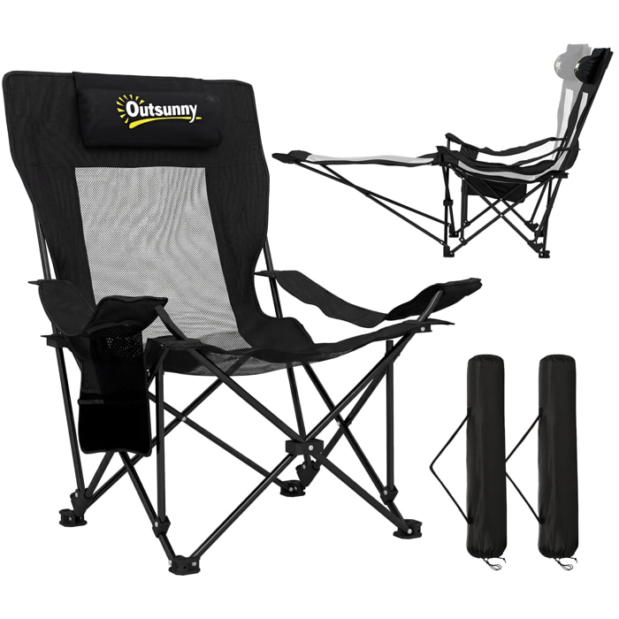 Outsunny Conjunto de 2 Sillas Plegables Camping Tumbonas Camping Portátiles con Respaldo Ajustable 4 Niveles Reposapiés Desmontable Reposacabezas Portavasos Bolsillo Lateral Bolsa Carga 120 kg Negro