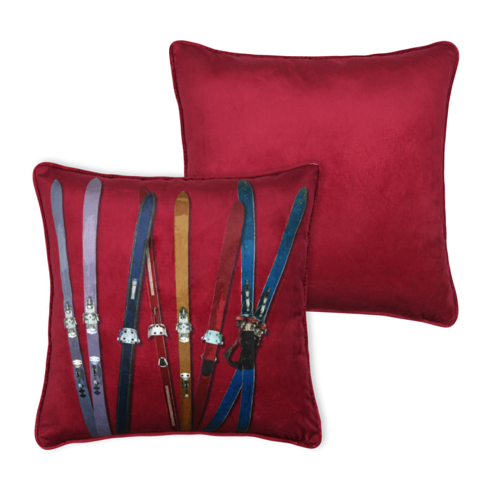 Coussin rectangulaire à motif skis vintage - Rouge