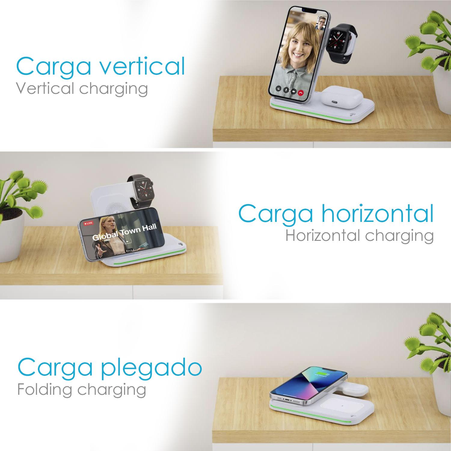 DAM Base de carga inalámbrica plegable 3 en 1. Base Qi 15W doble posición, cargador de Apple Watch y base Qi. Con luz ambiental. Función stand. 15x8,5x11 Cm. Color: Blanco