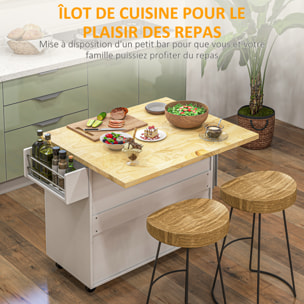 Desserte de cuisine multi rangement 3 tiroirs 2 portes avec étagère rack épices porte-torchons plateau rallonge hévéa MDF blanc