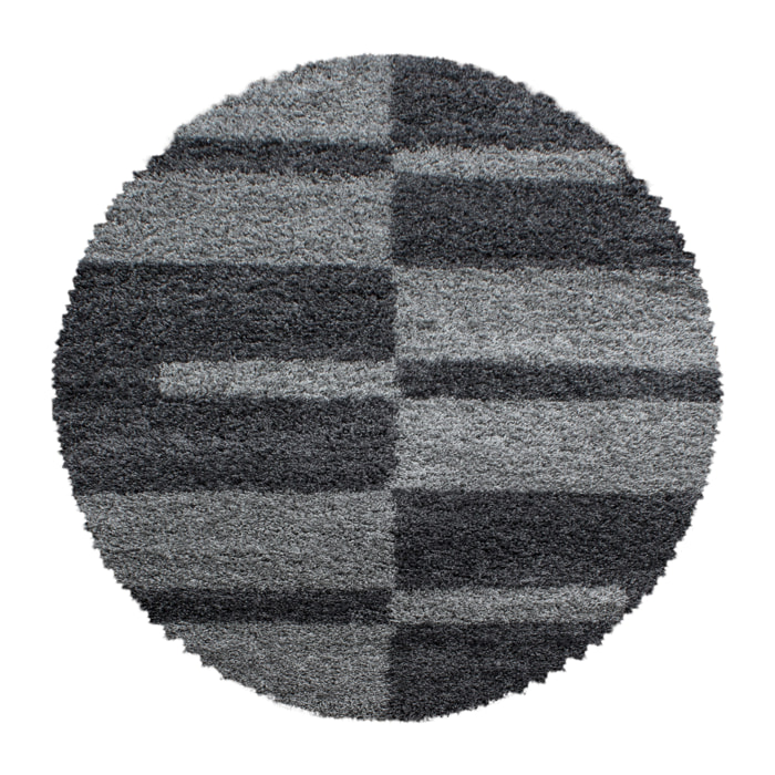 GALA - Tapis shaggy rond à poils longs motif géométrique gris