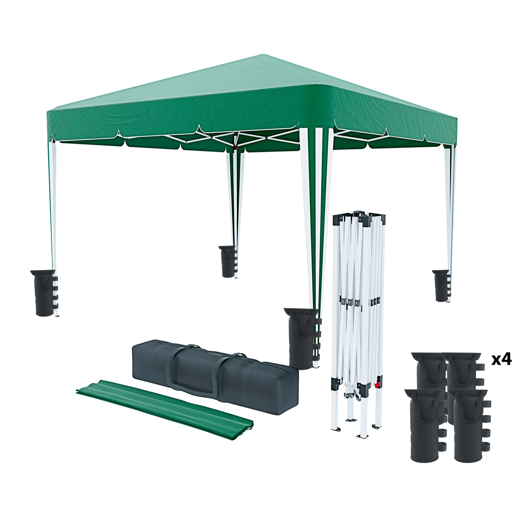 Gazebo Pieghevole Impermeabile 3 x 3 M Da Giardino Con 4 Sacche Pesi Sacca Trasporto Chiusura Fisarmonica Struttura Acciaio Copertura 160 gr/m² Verde