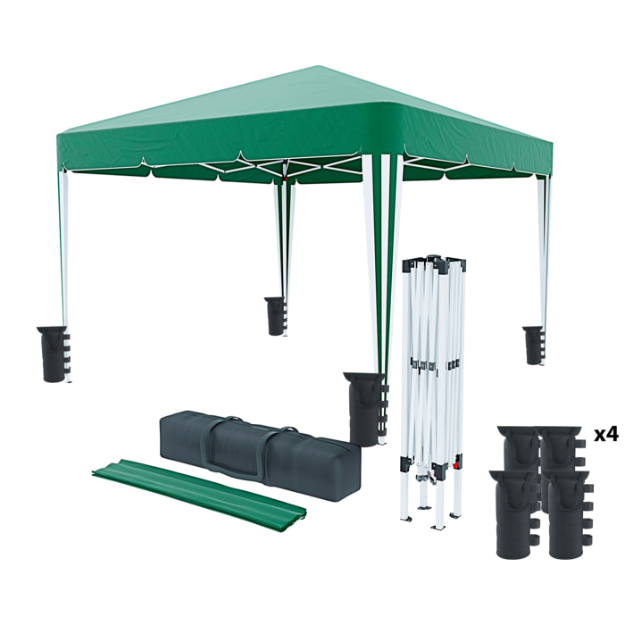 Gazebo Pieghevole Impermeabile 3 x 3 M Da Giardino Con 4 Sacche Pesi Sacca Trasporto Chiusura Fisarmonica Struttura Acciaio Copertura 160 gr/m² Verde