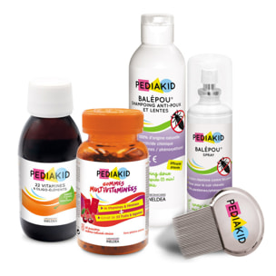 PEDIAKID - Box Rentrée des Classes - Traitement complet Balépou - Gommes multivitaminées, Sirop 22 vitamines & oligo-éléments - Forme & vitalité - Aide à prévenir les infestations de poux - Dès 3 ans