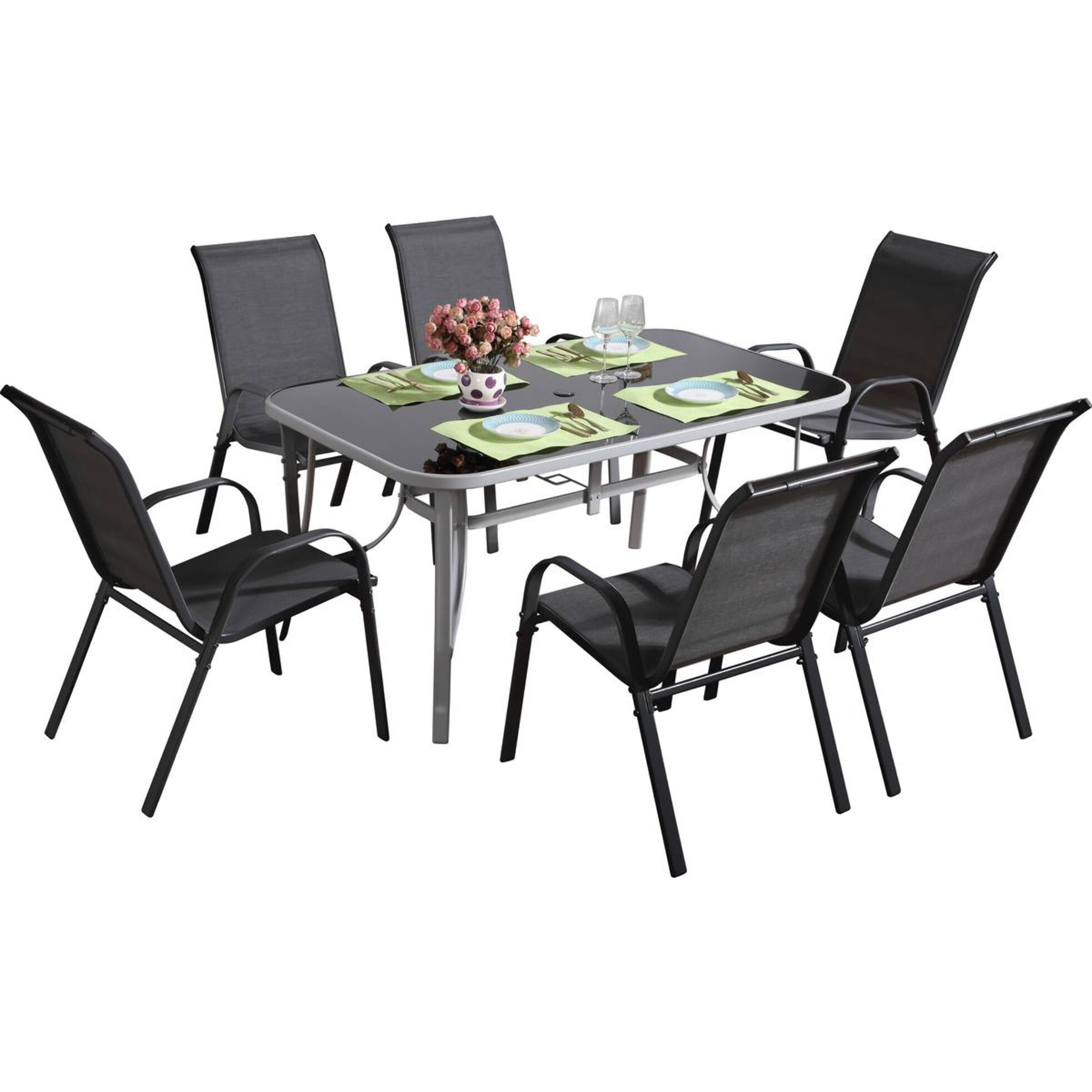 Table et chaises de jardin en textilène "cordoba + Porto" 6 personnes gris foncé