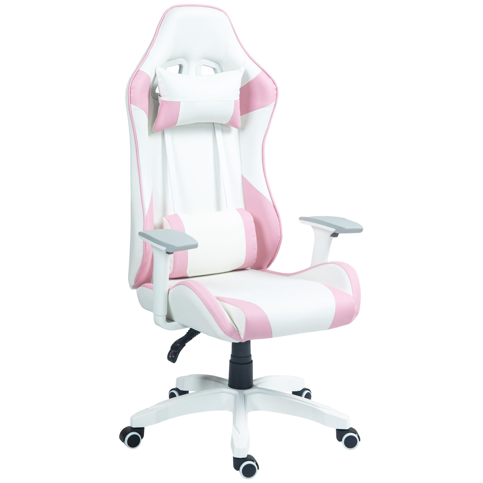 HOMCOM Silla Gaming Reclinable Silla Gamer Giratoria con Cojín Lumbar Reposabrazos Ajustable Reposacabezas Extraíble Basculante y Altura Ajustable para Oficina Estudio 67x60x120-128 cm Blanco y Rosa