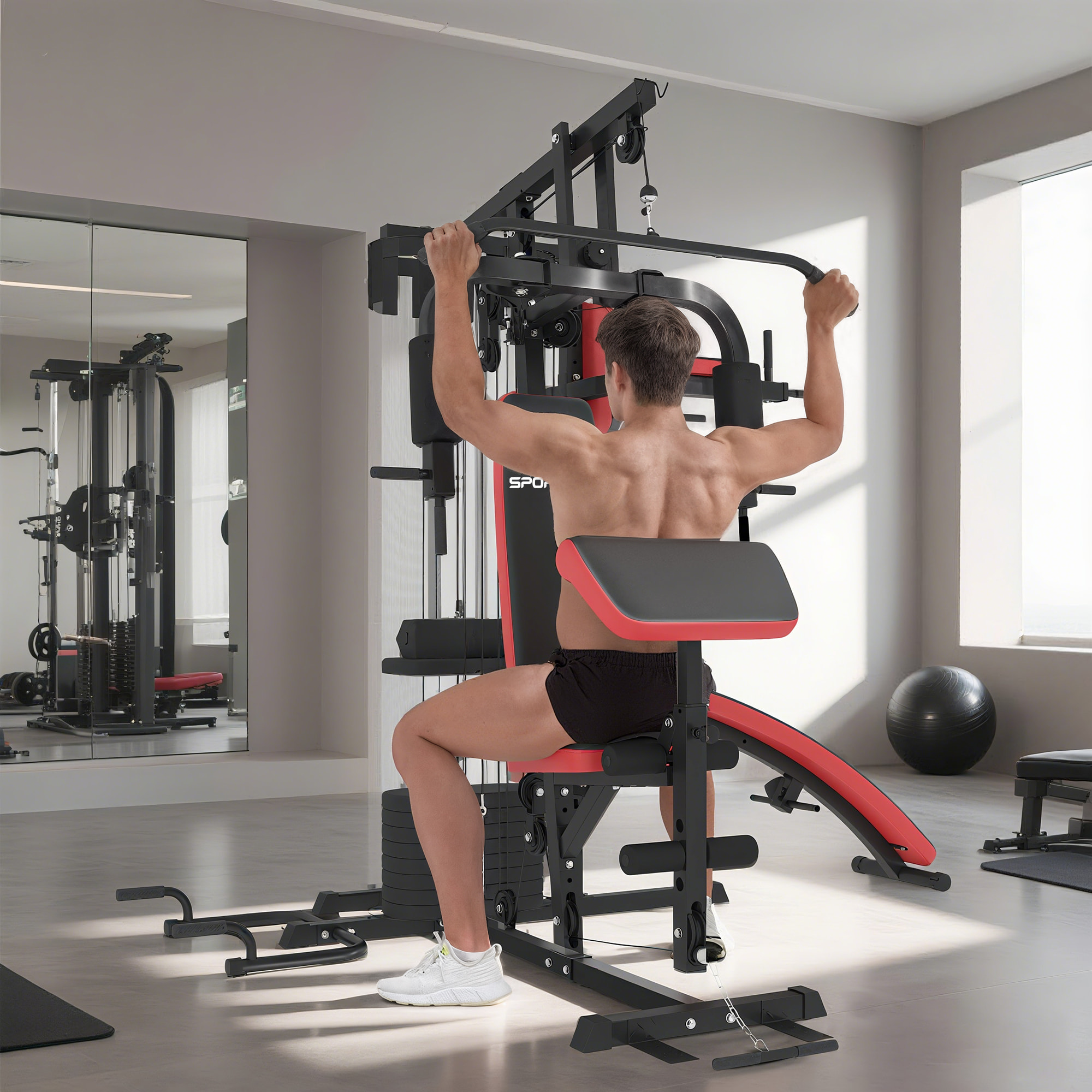 Station de musculation - banc, développé couché, butterfly, barre latissimus et traction, curler, bande résistance, 10 contrepoids - acier noir rouge