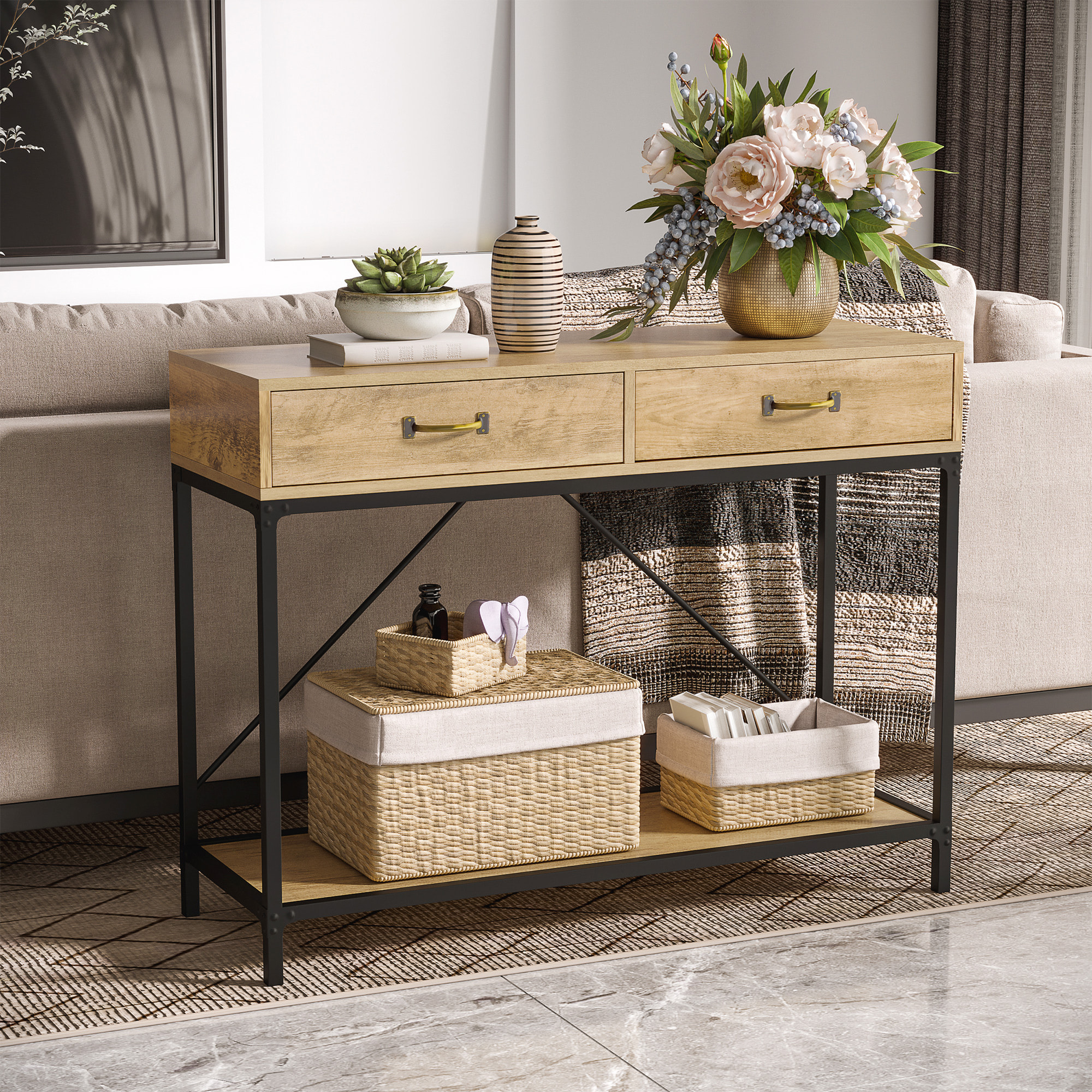 Console table d'appoint design industriel dim. 100L x 35l x 76H cm 2 tiroirs poignées laiton vieilli étagère métal noir aspect bois veinage
