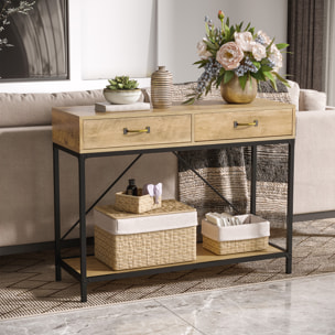Console table d'appoint design industriel dim. 100L x 35l x 76H cm 2 tiroirs poignées laiton vieilli étagère métal noir aspect bois veinage