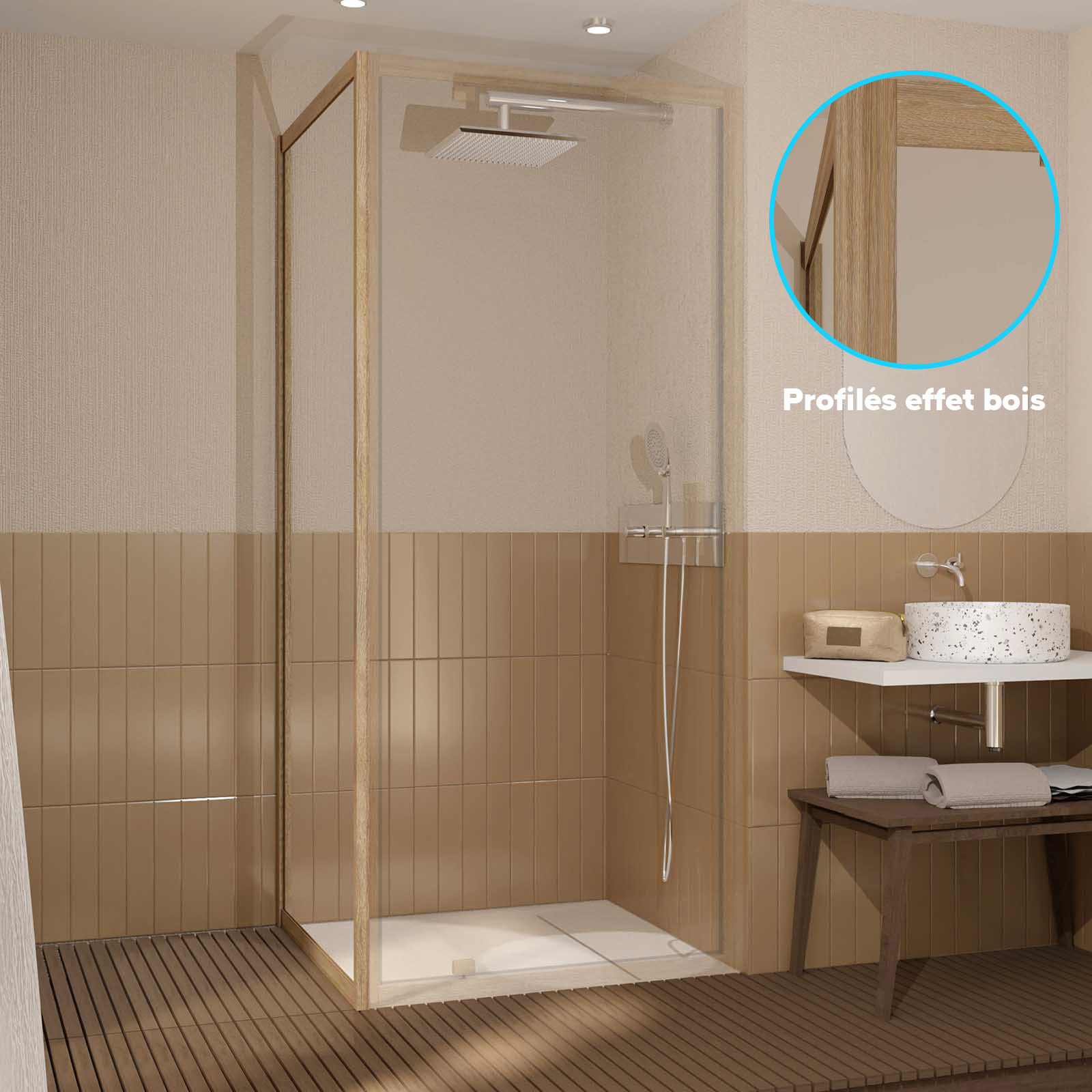 Paroi de retour 80x200cm - Profilés Aluminium effet Bois - Verre Trempé 6mm - WOOD CRUSH