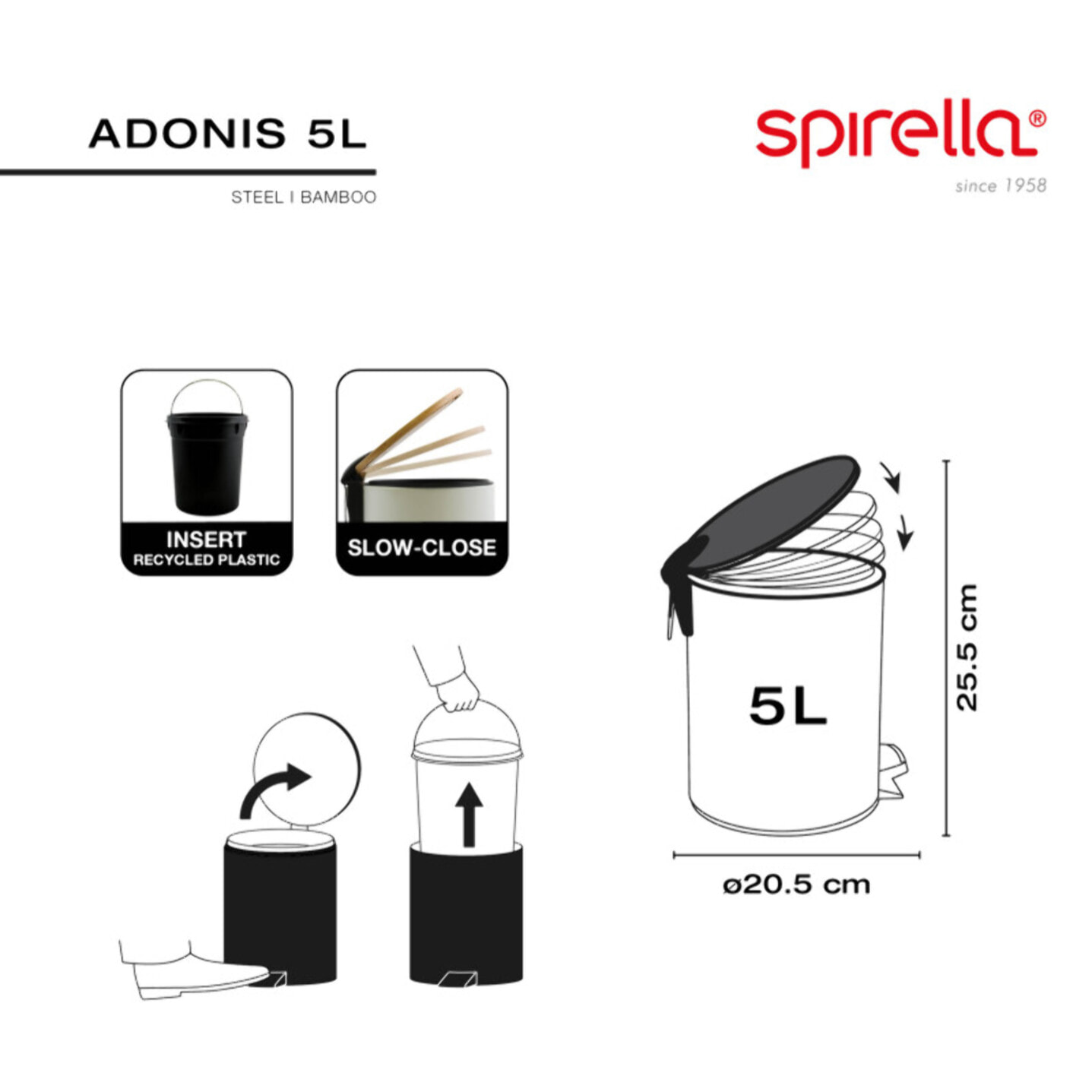 Poubelle à pédale Acier & Bambou ADONIS 5L Noir Spirella