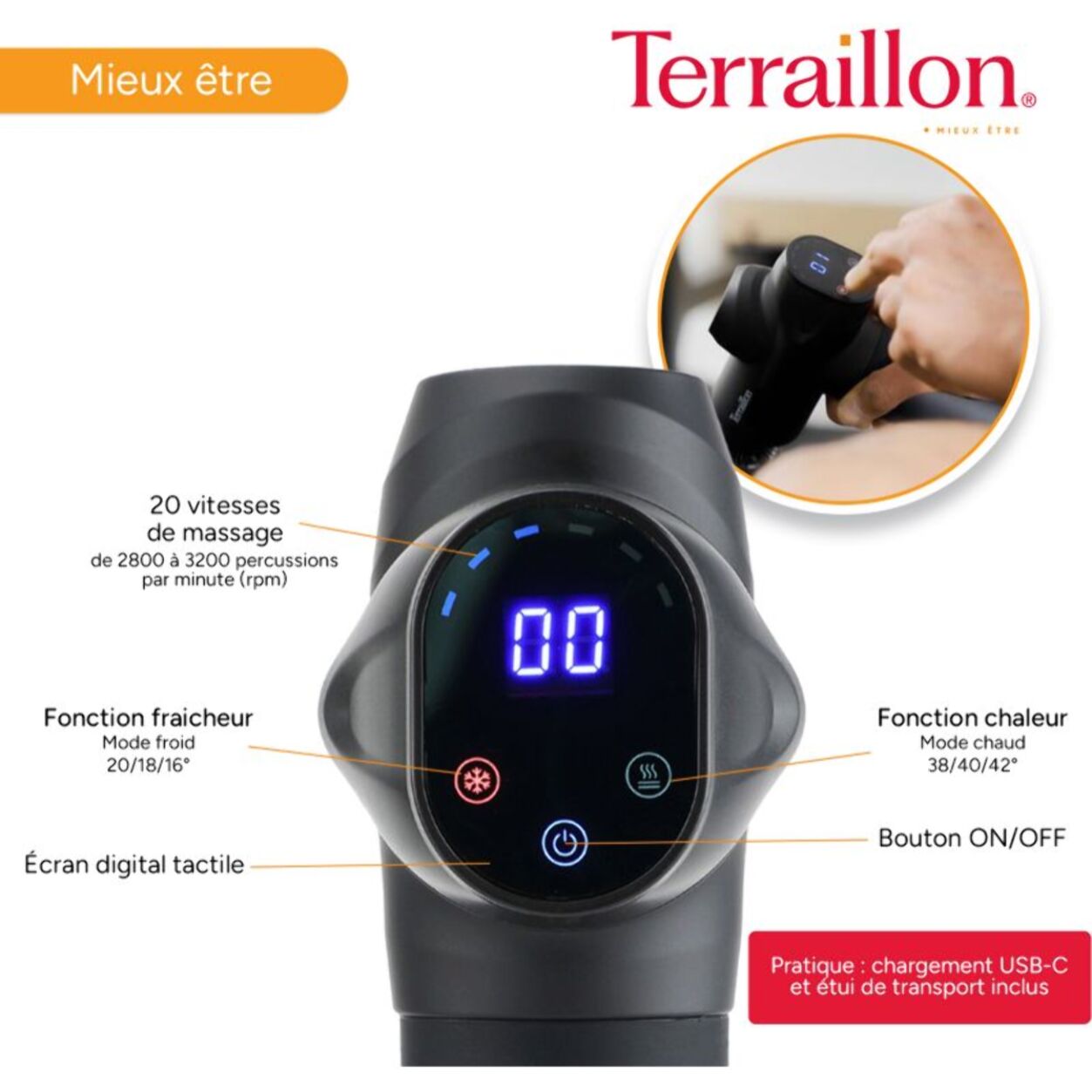 Pistolet de massage TERRAILLON de massage Expert chaud & froid
