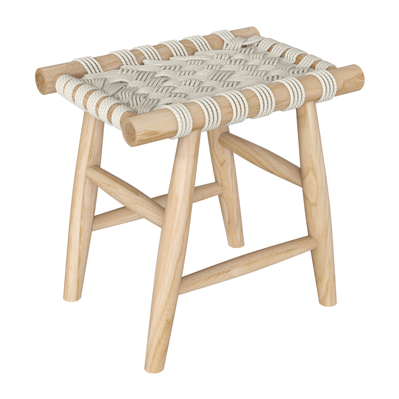 Tabouret tressé blanc en macramé et branche de teck - Kira