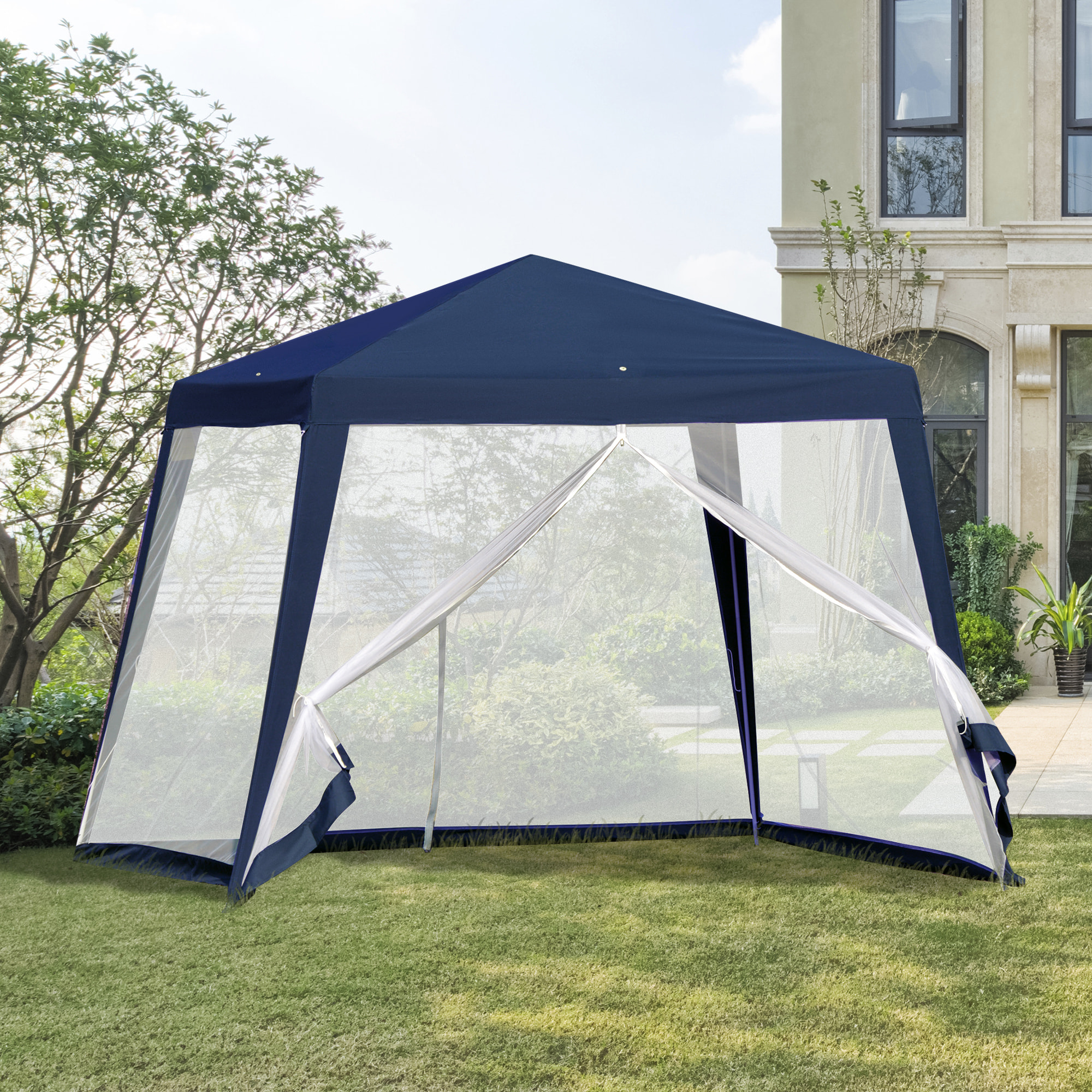 Carpa de Jardín 3x3 m Cenador con 4 Partes Laterales Mosquitera con Cremallera Protección UV para Patio Exterior Eventos Fiesta Azul