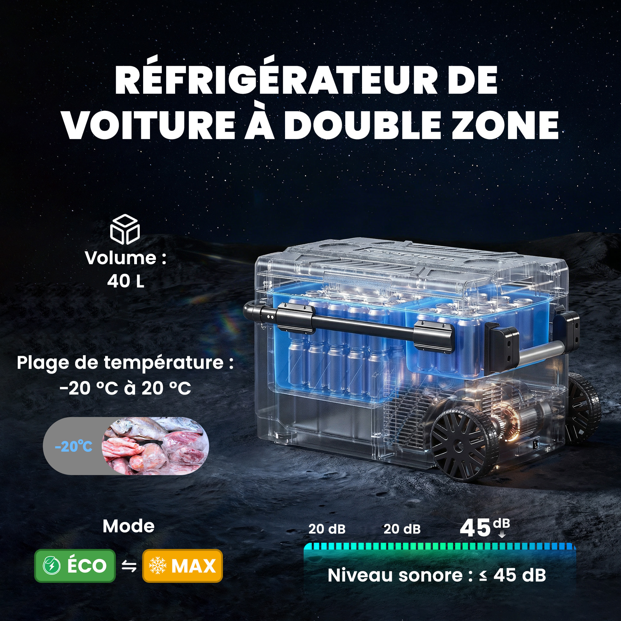 Glacière électrique portable 40L compresseur 2 zones poignée télescopique noir