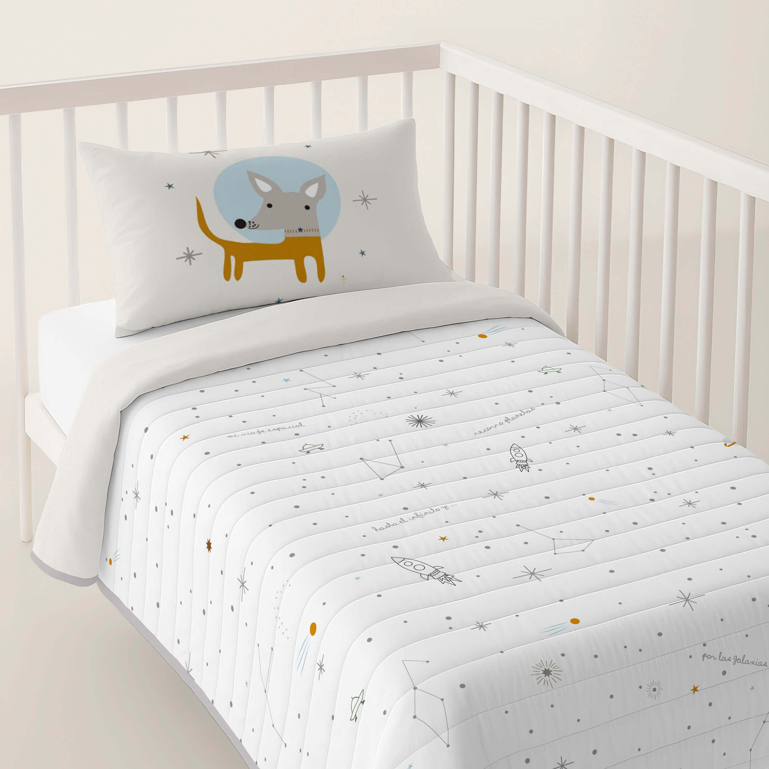 Colcha Bouti Estampada - Reversible - Infantil - 100% Algodón - Cuna - Viaje Espacial