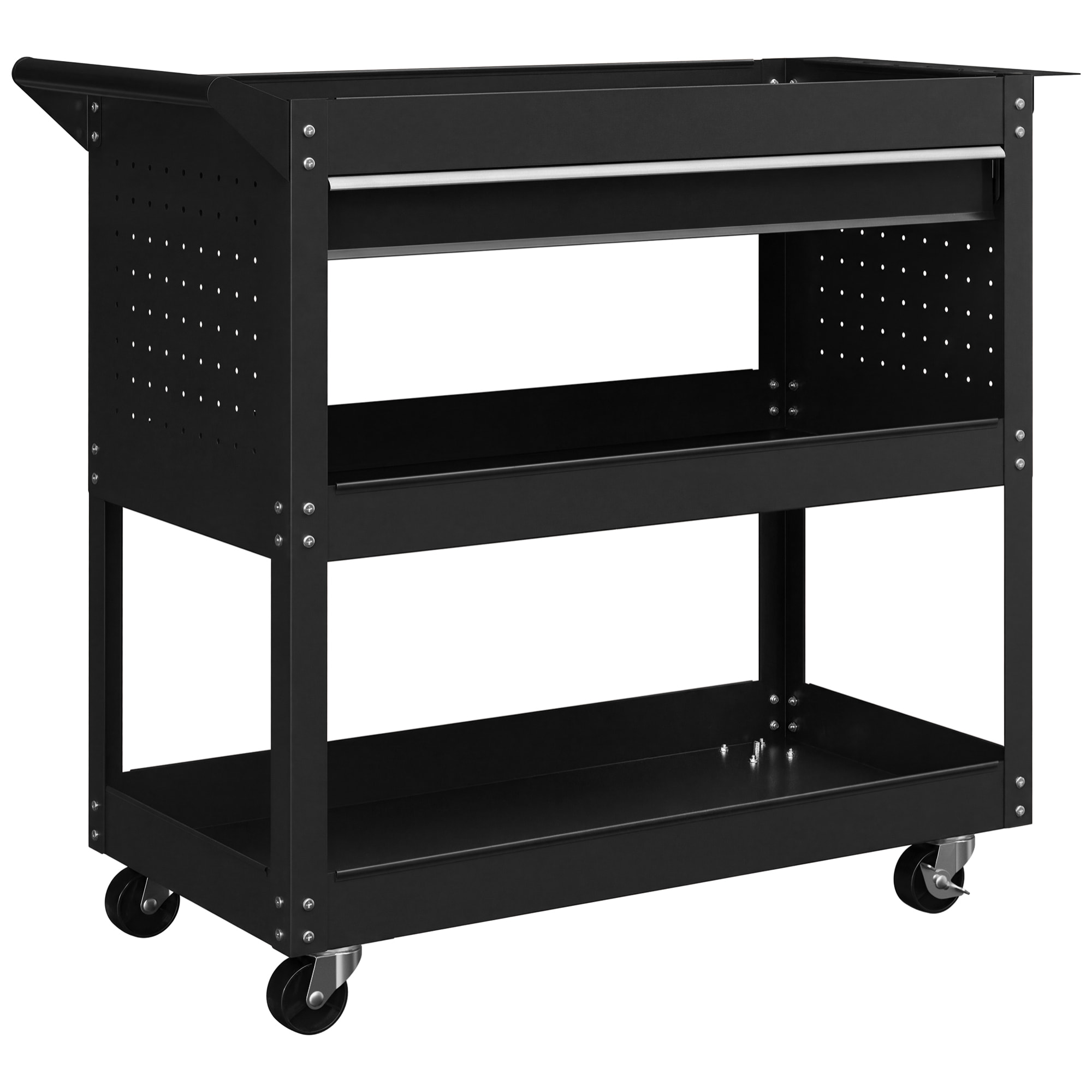 Servante d'atelier chariot à outils 2 étagères plateau grand tiroir tablette à outils acier noir