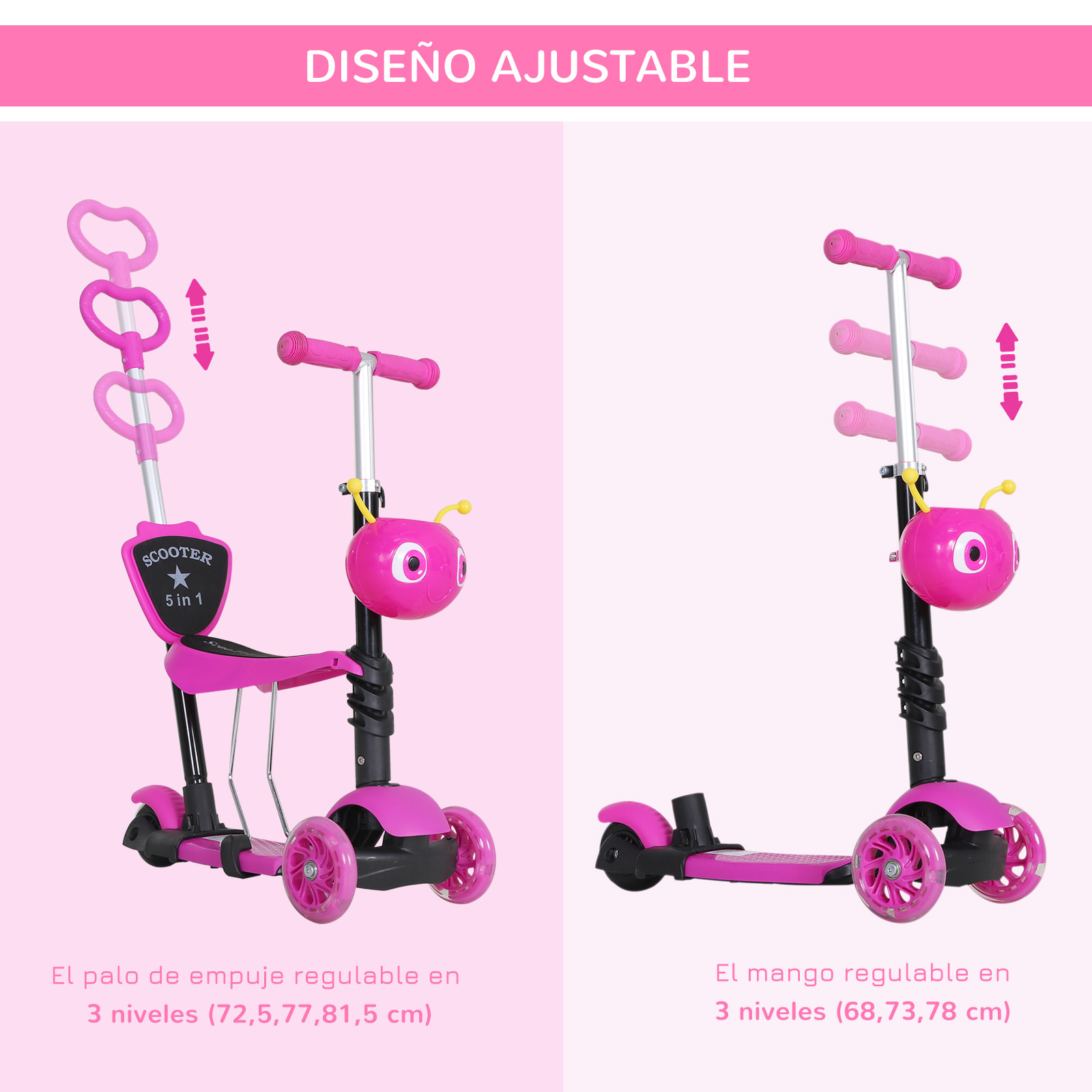 3 en 1 Patinete para Niños de +18 Meses o Scooter de 3 Ruedas con Asiento Extraíble Manillar Mango de Empuje Altura Ajustable 62x25x72,5 cm