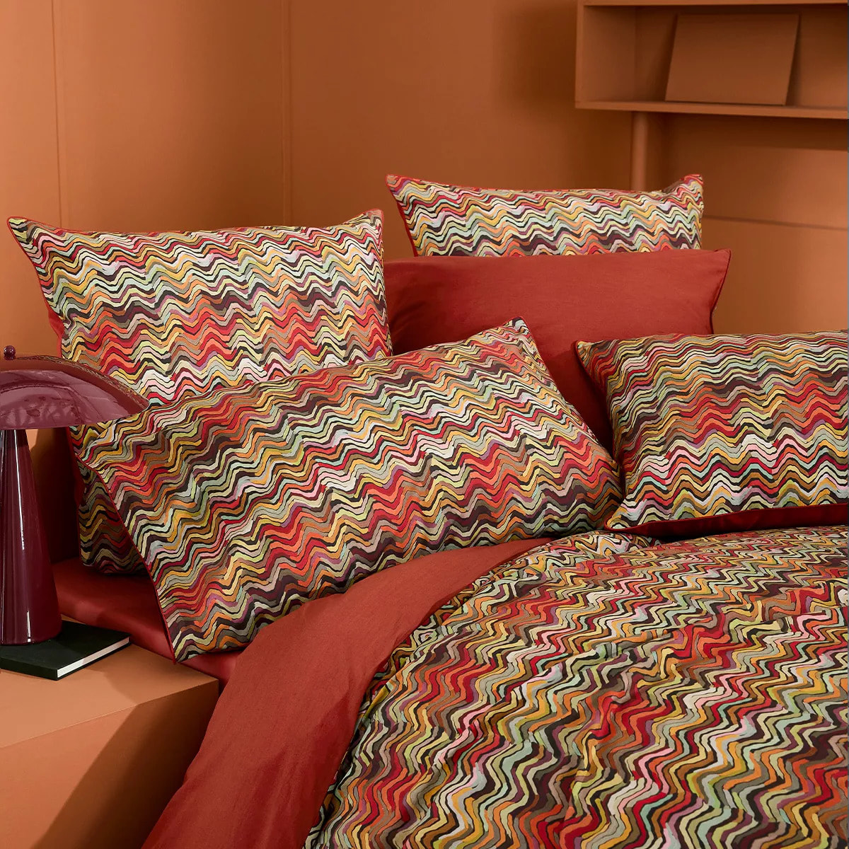 Lot h.couette +taies percale de coton 115 g/m² imprimé orange brun Wavy pop