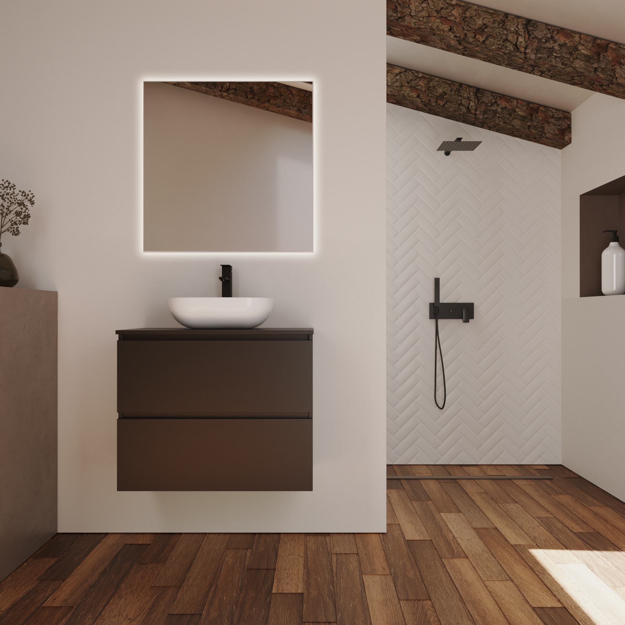 Conjunto de Baño Kaji | Mueble de Baño Suspendido | 80 cm Negro| Dos Cajones | Lavabo Ovalado sobre Encimera | No incluye Espejo | Alday