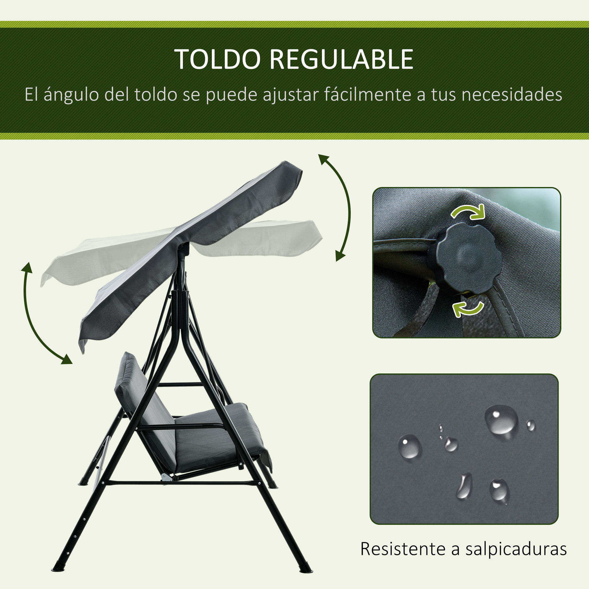 Columpio de Jardín Exterior de 3 Plazas, Balancín de Jardín Exterior con Techo Ajustable y Marco de Acero, para Balcón, Terraza, Patio, Carga 240 kg, 172x110x153 cm, Gris