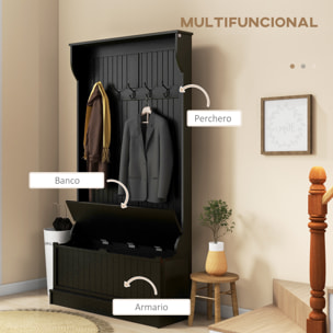 Perchero Zapatero, Perchero Entrada Recibidor con Banco de Almacenamiento y 5 Ganchos, Estilo Moderno, para Pasillo Dormitorio, 96x34x179,7 cm, Negro