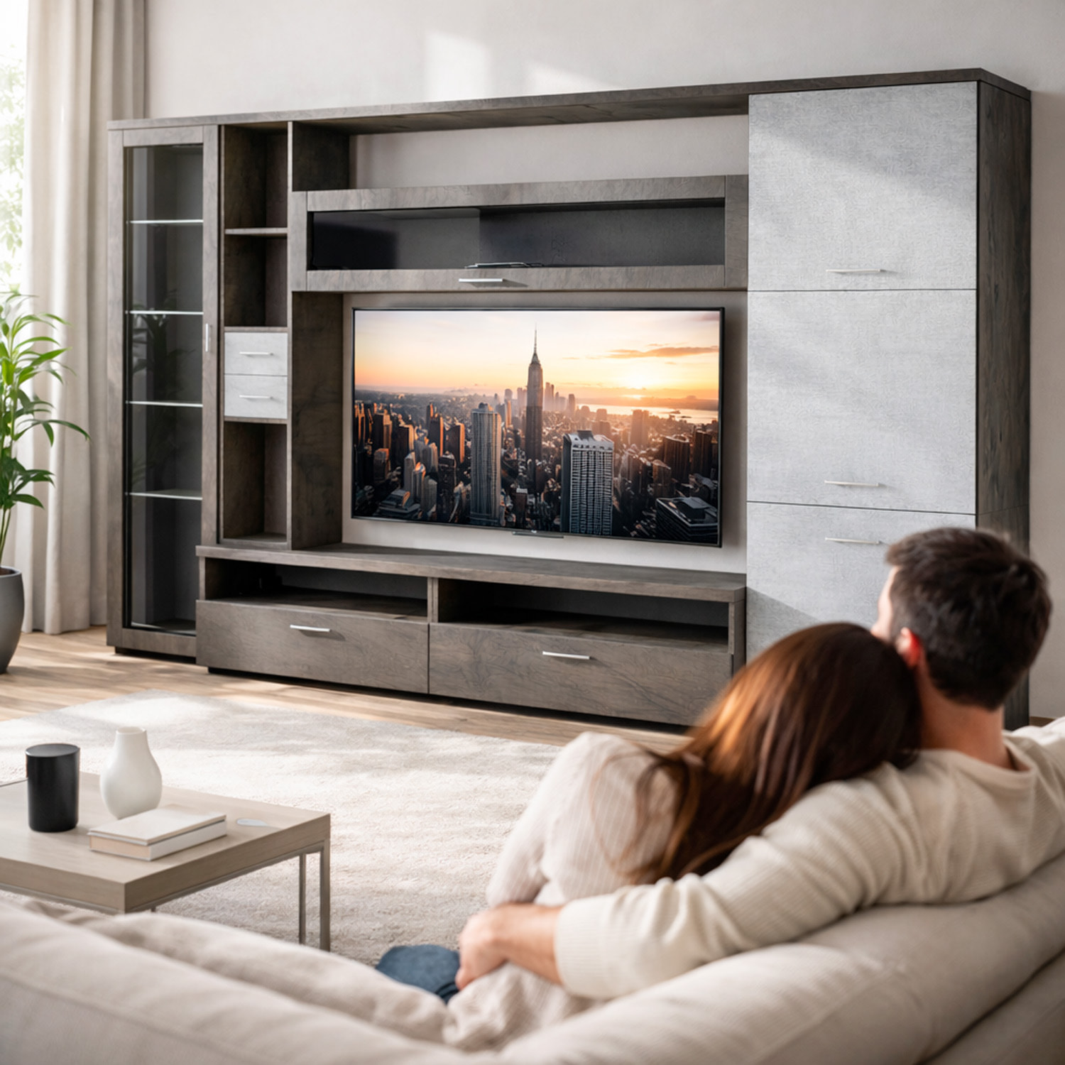 Parete Attrezzata Soggiorno Mobile Porta TV Con Vetrina E Cassetti Design Moderno Industrial Chic Con Ampio Vano TV 270 x 213 x 50 Cm Ossido E Grigio Cemento