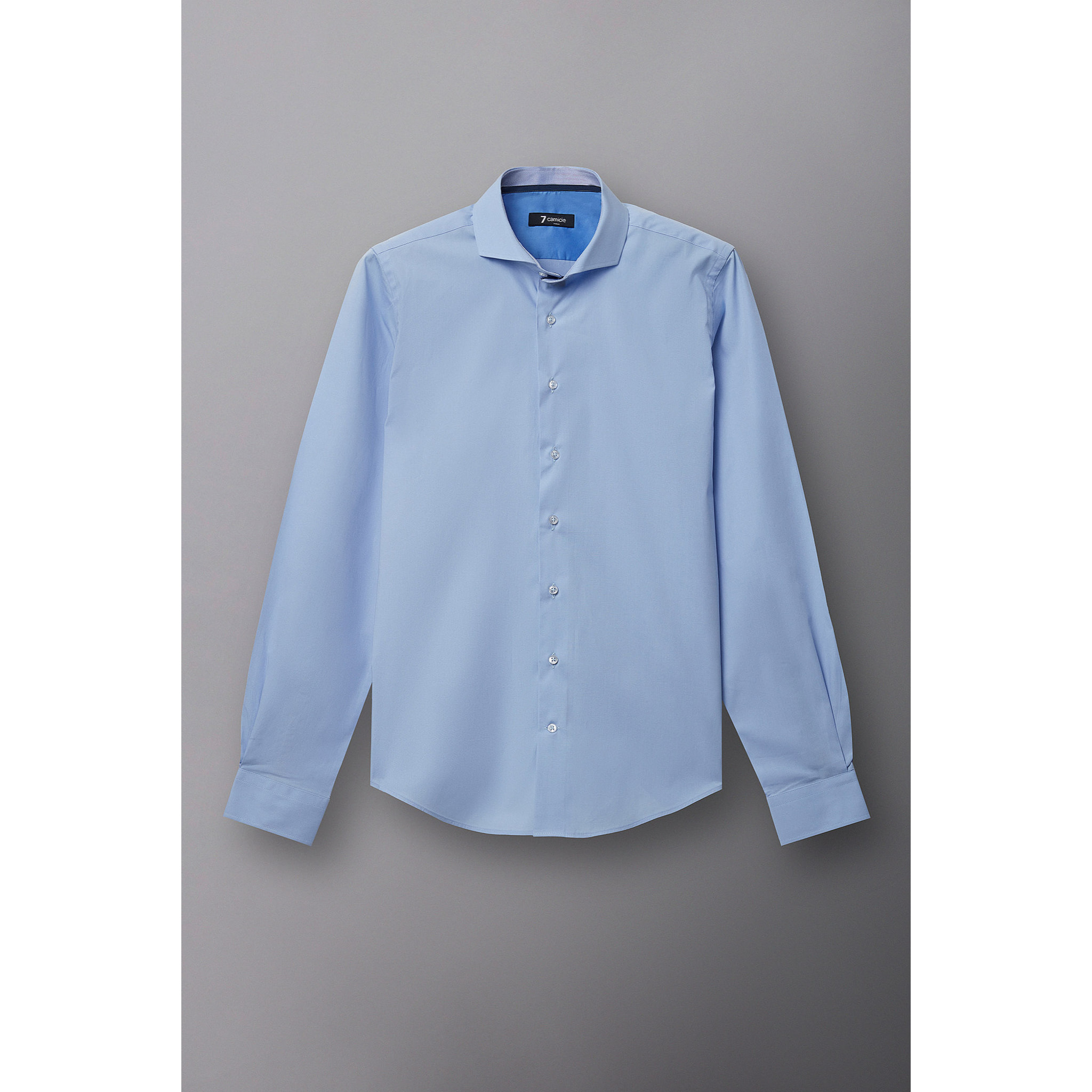 Camicia Uomo 1 Bottone Francese Slim Popeline Stretch Unito Celeste