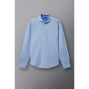 Camicia Uomo 1 Bottone Francese Slim Popeline Stretch Unito Celeste