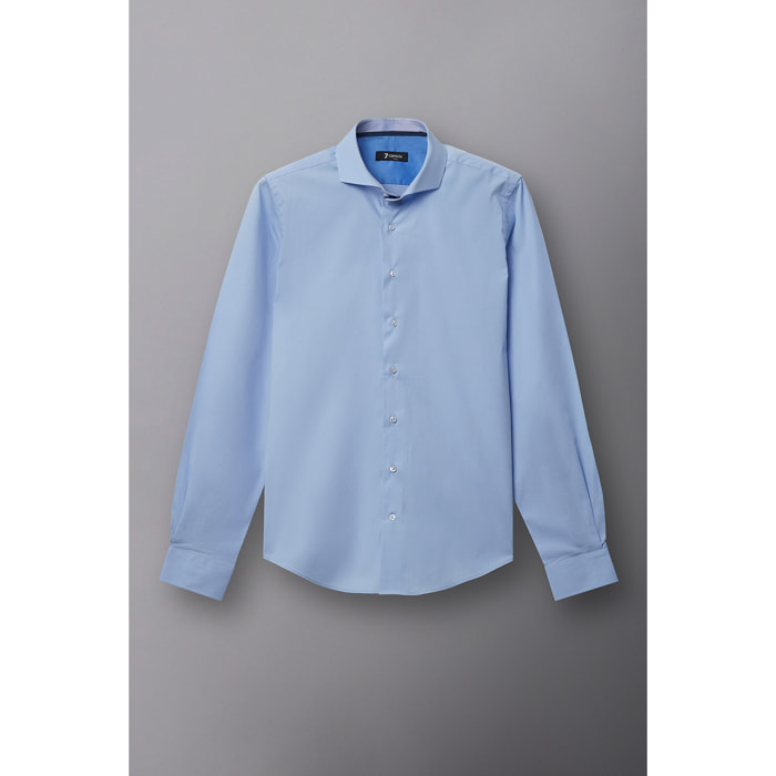 Camicia Uomo 1 Bottone Francese Slim Popeline Stretch Unito Celeste