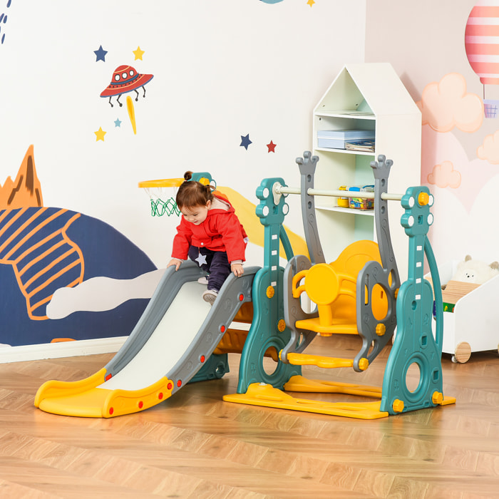 Toboggan et balançoire pour enfants 4 en 1 avec panier de basket, siège réglable, 152x149x107cm, bleu et jaune