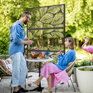 Biombo de Exterior Separador de Ambientes con 3 Piezas Patrón de Hoja Grande y Marco de Acero Pantalla de Privacidad para Patio Terraza Jardín 122x45x198 cm Negro