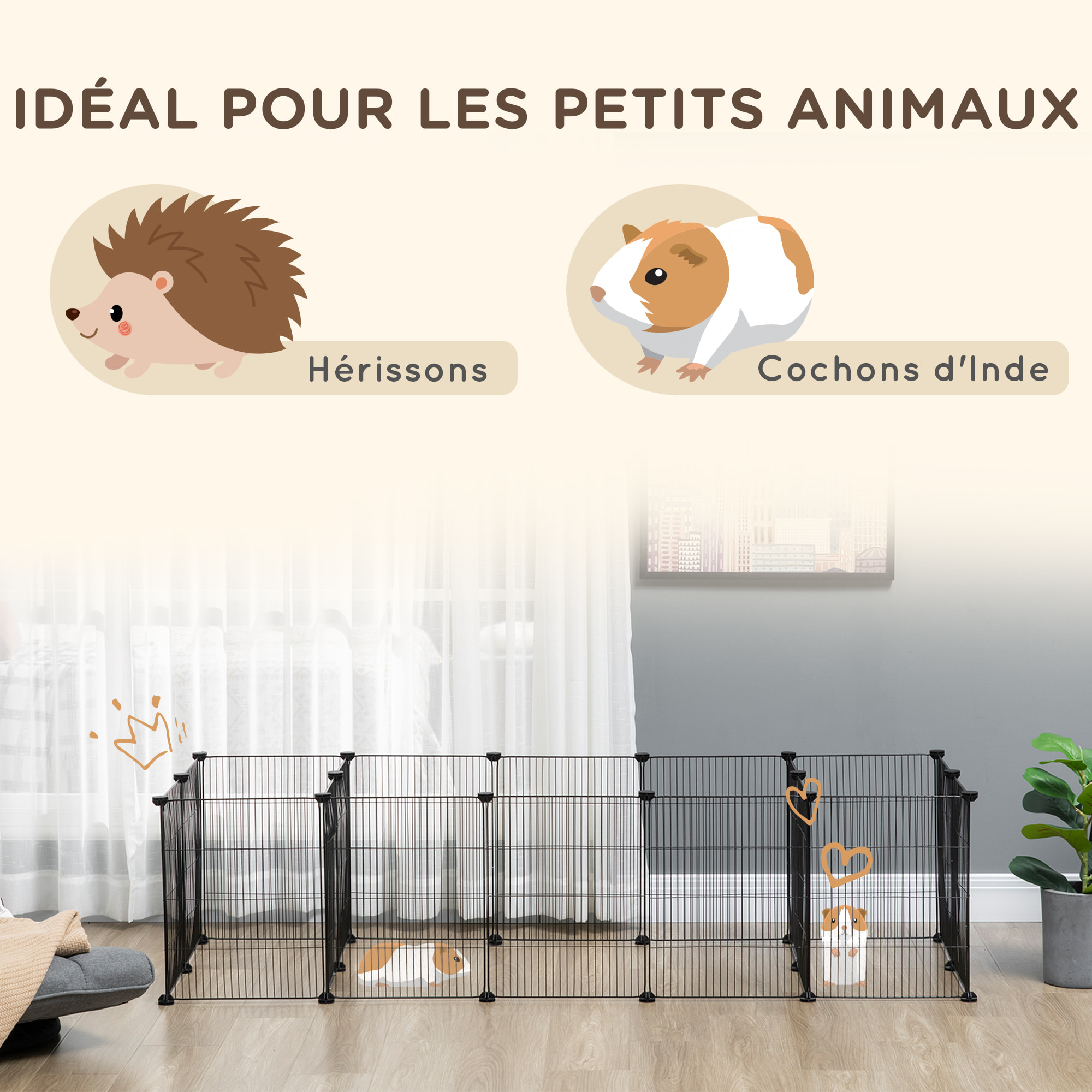 Parc enclos modulable petits animaux lapins rongeurs chiots - 18 panneaux en fil d'acier - 2 portes - 175L x 70l x 45H cm - noir