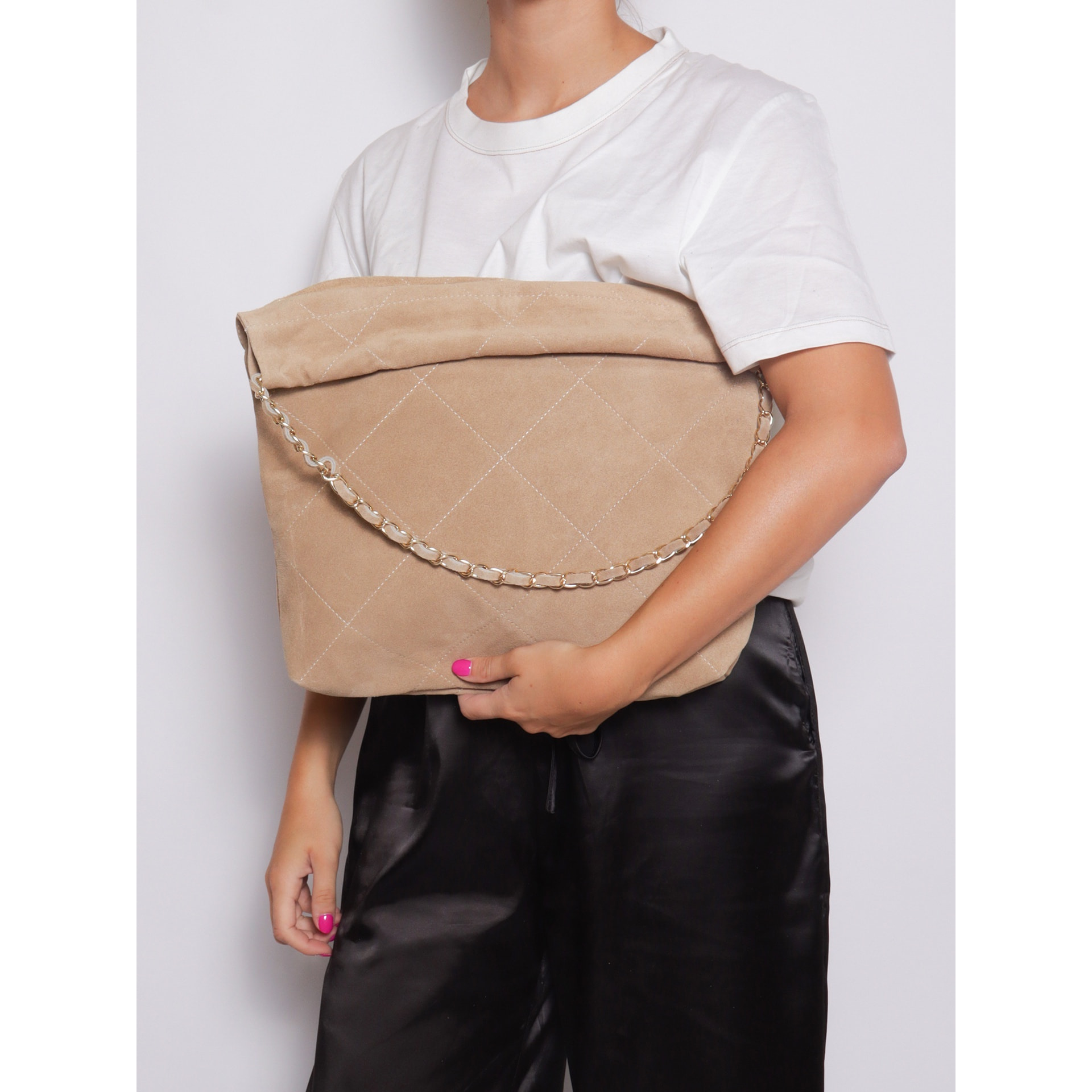 Borsa a spalla da donna Made in Italy - Modello Celeste Elite - Pelle scamosciata - 32.0 x 34.0 x 6.0 cm