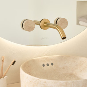 Pack mélangeur lavabo encastré 3 trous Grands Boulevards marbré travertin sable et laiton brossé