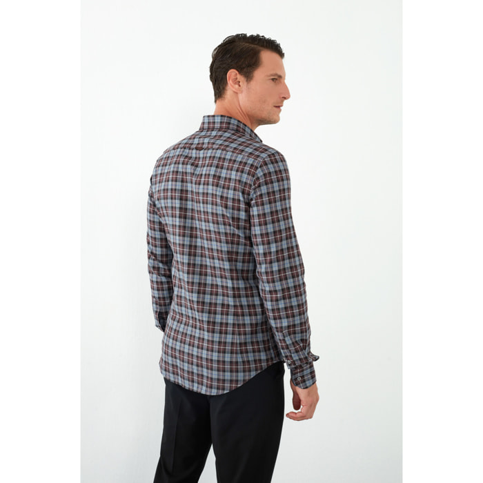 camicia uomo 1 bottone button down slim Twill Quadro Grande Bordeaux/Nero