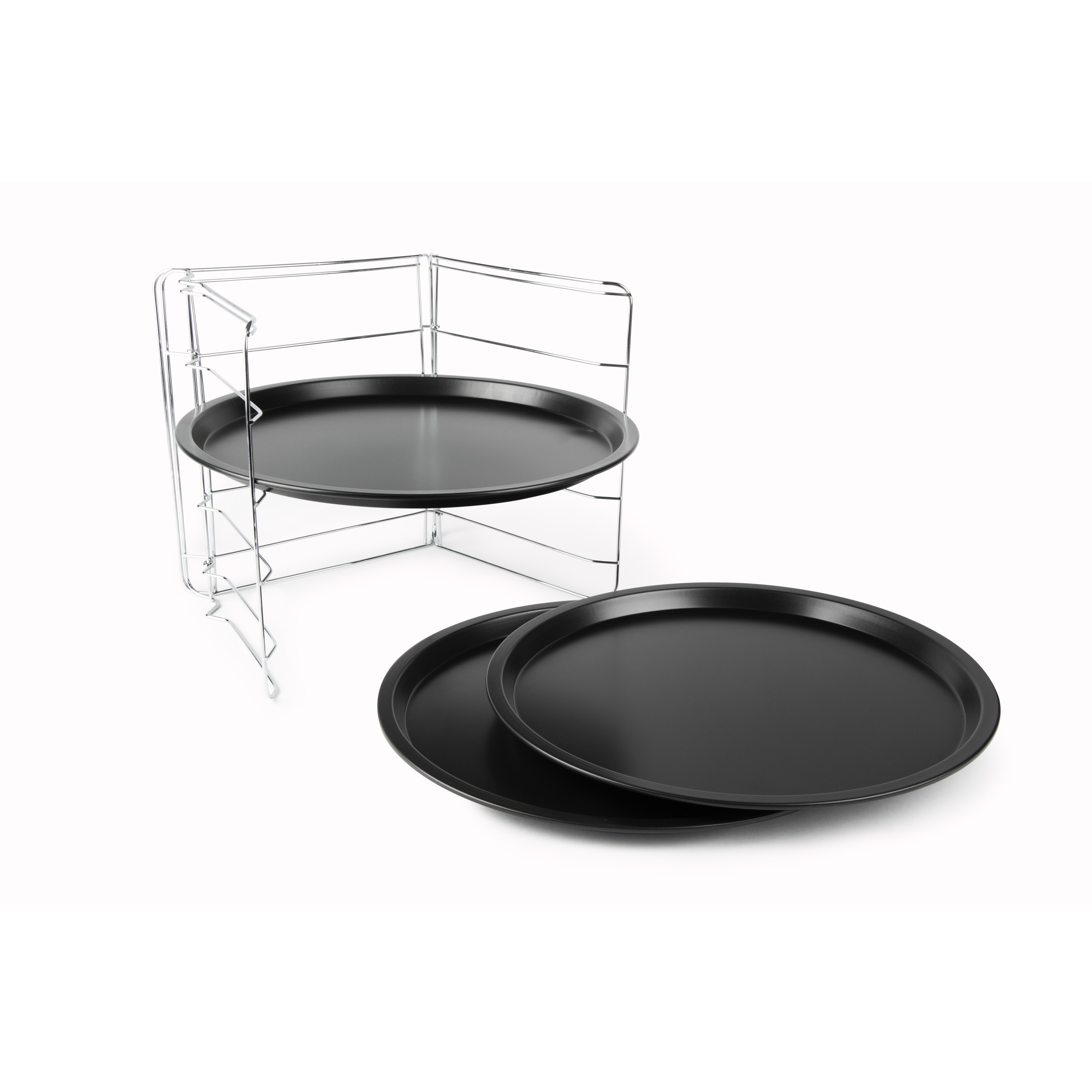 Set 3 teglie pizza tonde con supporto Excelsa, carbon steel antiaderente nero