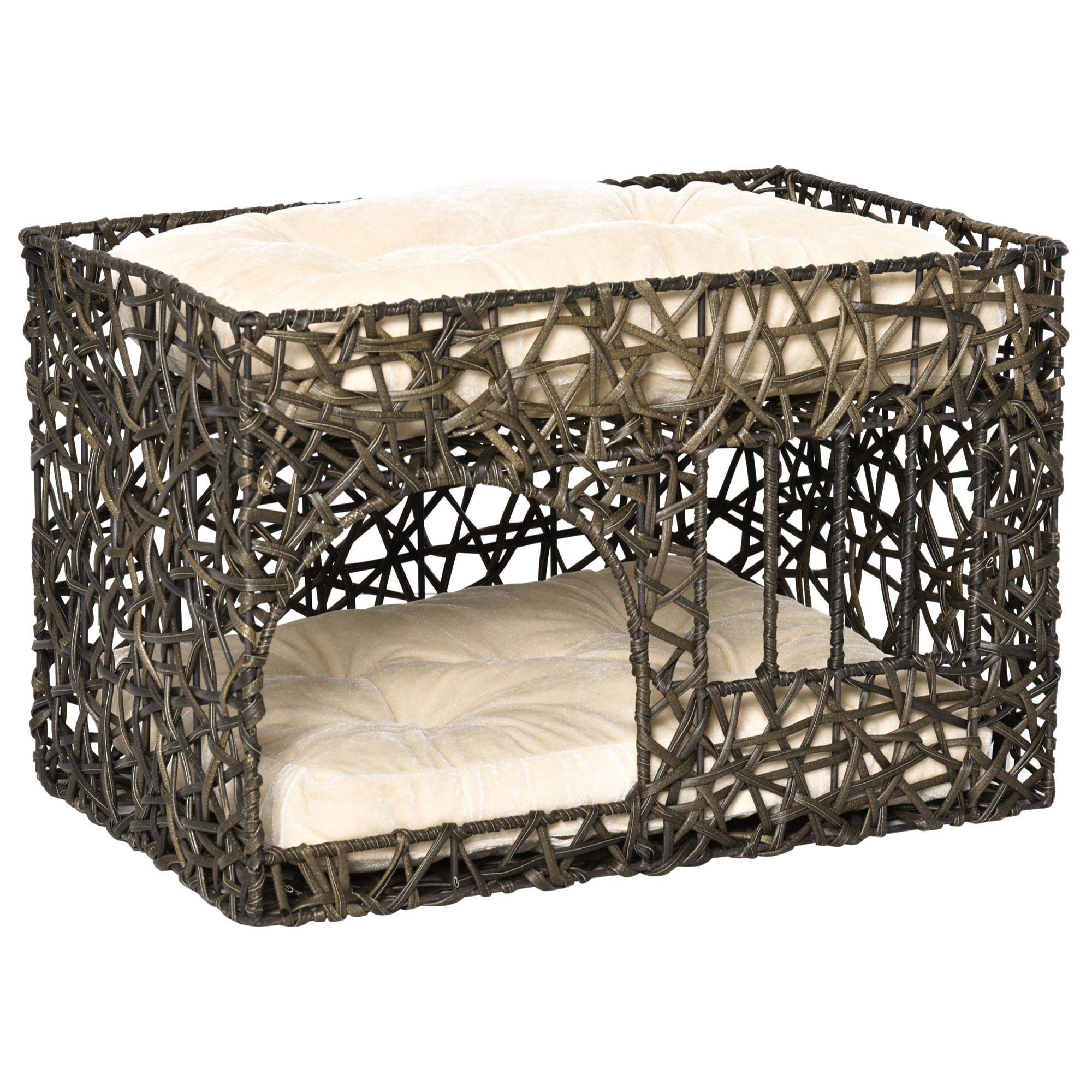 Cesta de Ratán para Gatos de 2 Alturas con 2 Cojines Suaves y Ventana 56x41x45cm