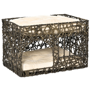 Cesta de Ratán para Gatos de 2 Alturas con 2 Cojines Suaves y Ventana 56x41x45cm
