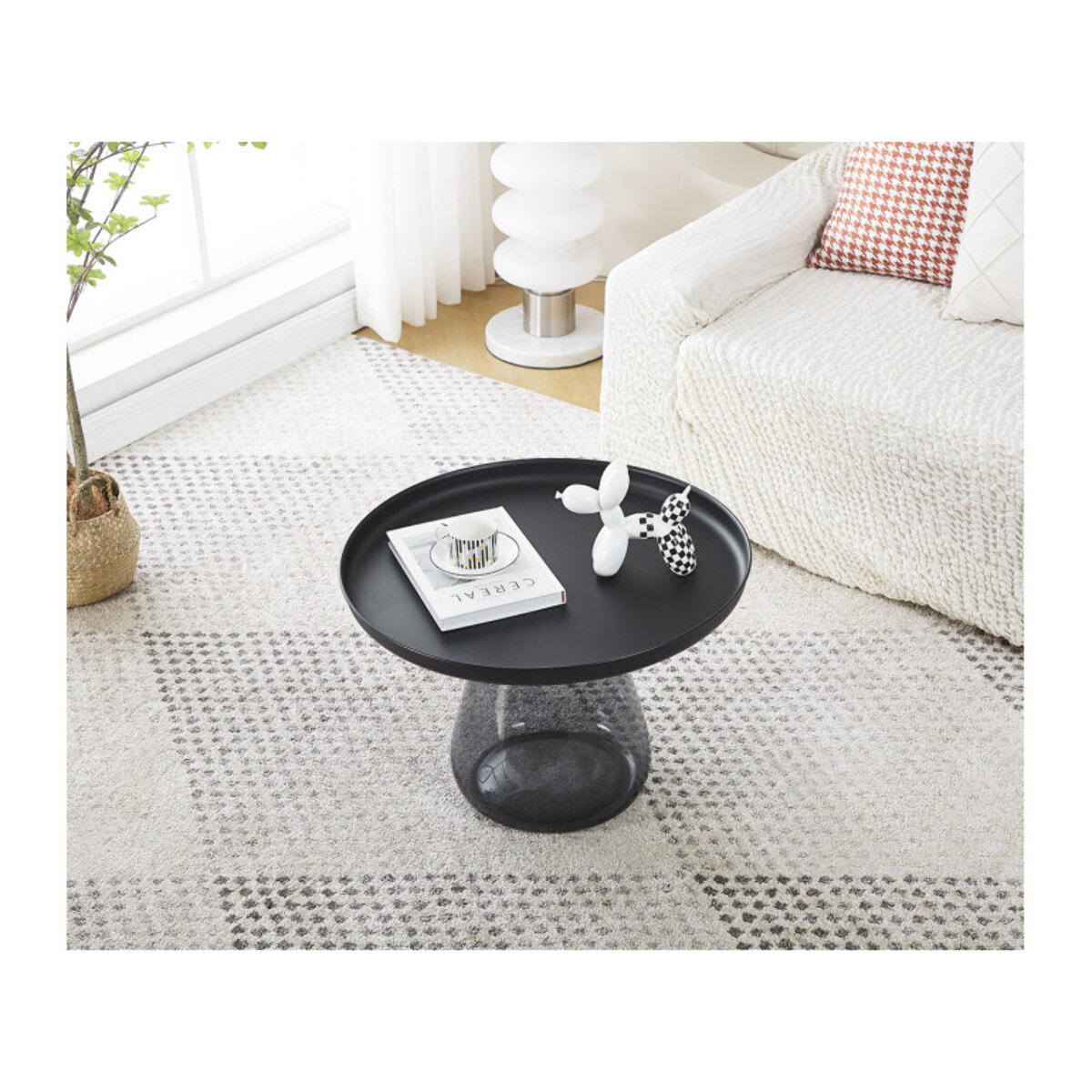 Table basse en verre trempé noir fumé avec plateau en métal - H 42 cm - BENTA