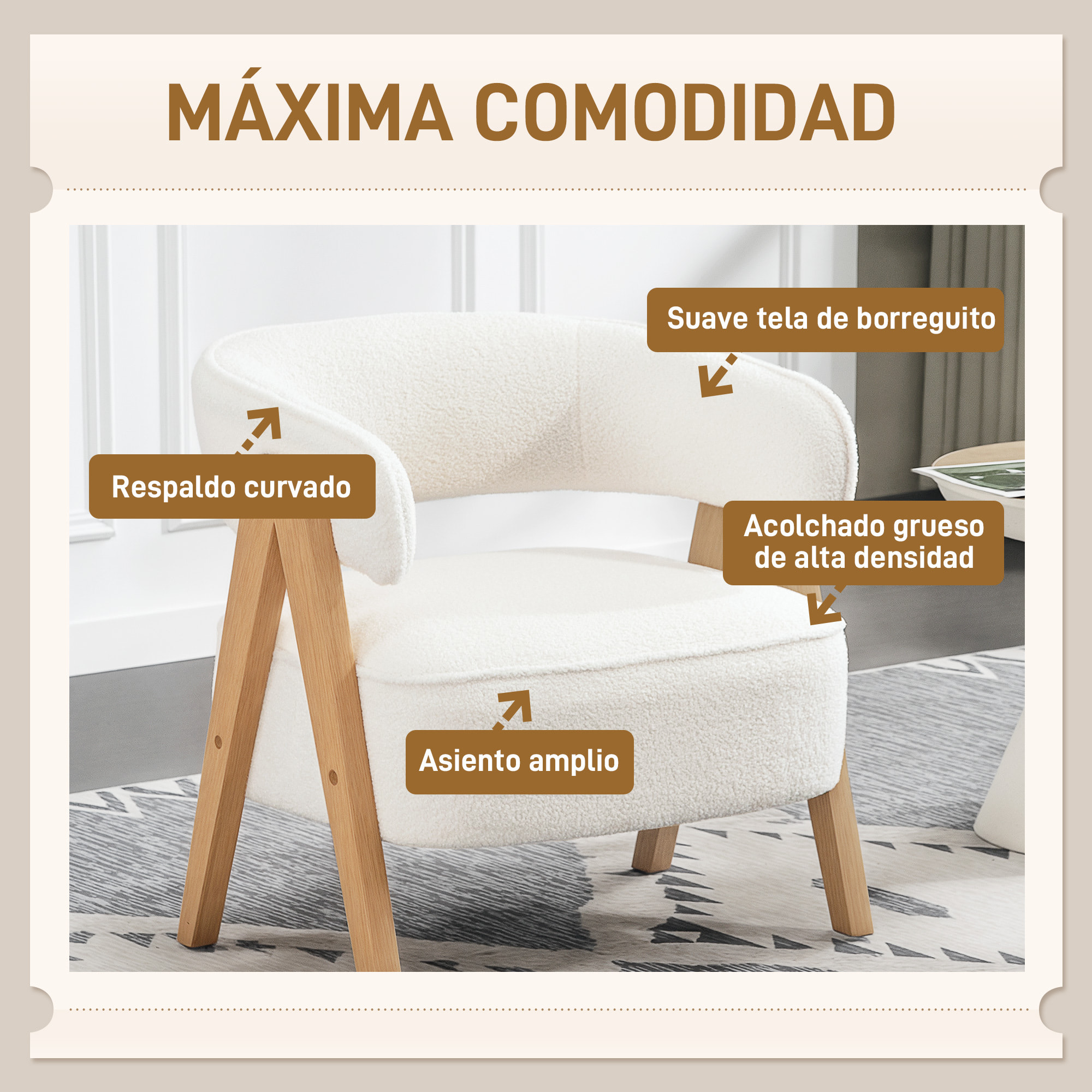 Butaca de Salón Tapizada en Borreguito, Sillón de Lectura Acolchado Grueso y Moderno, Asiento Ancho, Patas de Madera, Respaldo Curvado, para Dormitorio, Oficina, Blanco