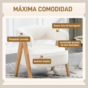 Butaca de Salón Tapizada en Borreguito, Sillón de Lectura Acolchado Grueso y Moderno, Asiento Ancho, Patas de Madera, Respaldo Curvado, para Dormitorio, Oficina, Blanco