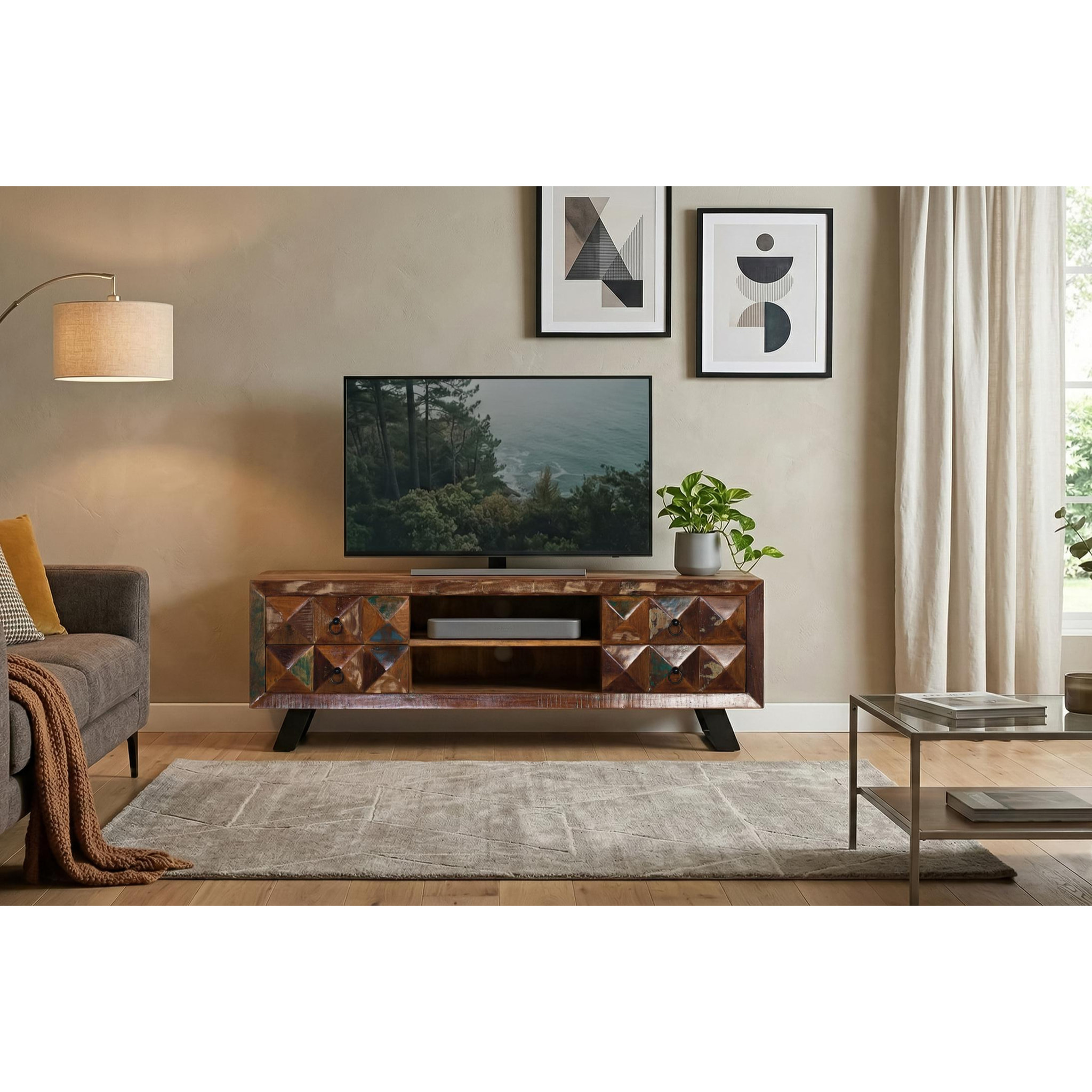 Mueble TV de Madera Reciclada 150 Cm Estilo Industrial Moderno