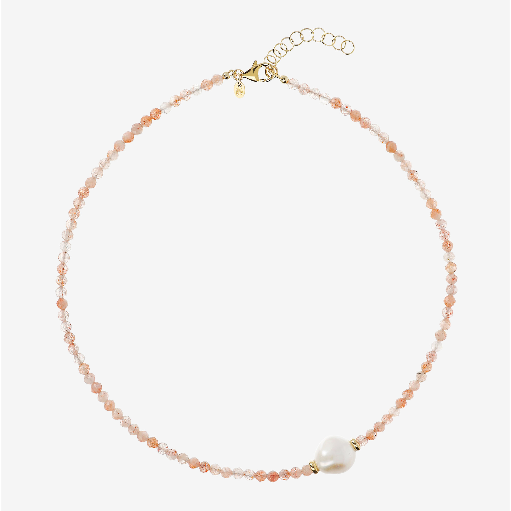 PERLAVIVA - Collana Girocollo con Quarzite Rosa e Perla Barocca d'Acqua Dolce Bianca Ø 13 mm in Argento 925 placcato Oro Giallo 18Kt