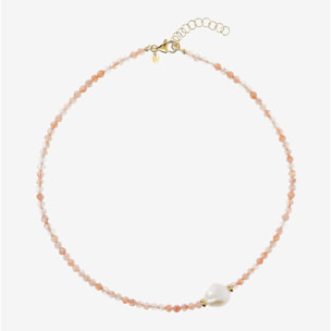 PERLAVIVA - Collana Girocollo con Quarzite Rosa e Perla Barocca d'Acqua Dolce Bianca Ø 13 mm in Argento 925 placcato Oro Giallo 18Kt