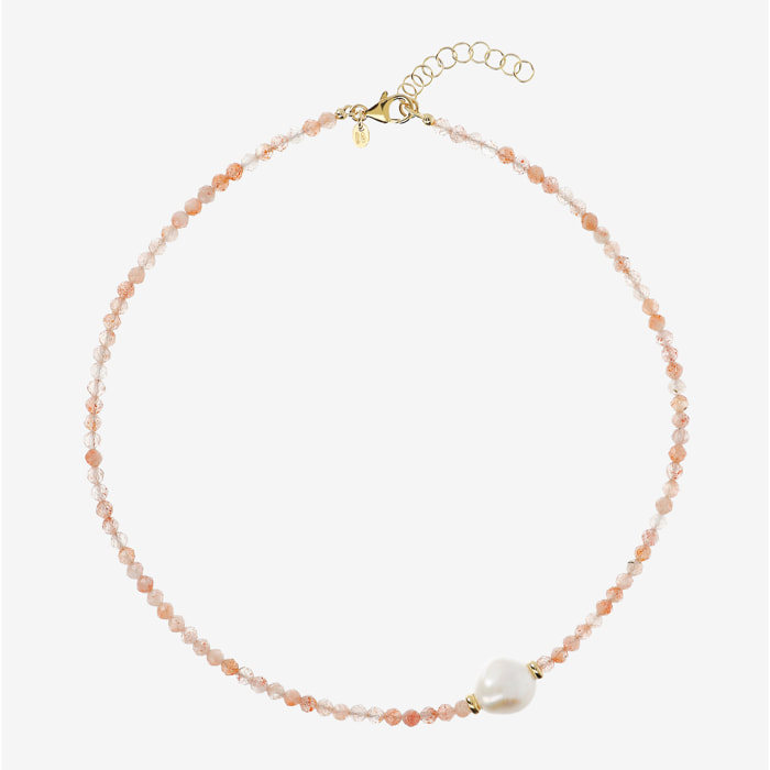 PERLAVIVA - Collana Girocollo con Quarzite Rosa e Perla Barocca d'Acqua Dolce Bianca Ø 13 mm in Argento 925 placcato Oro Giallo 18Kt