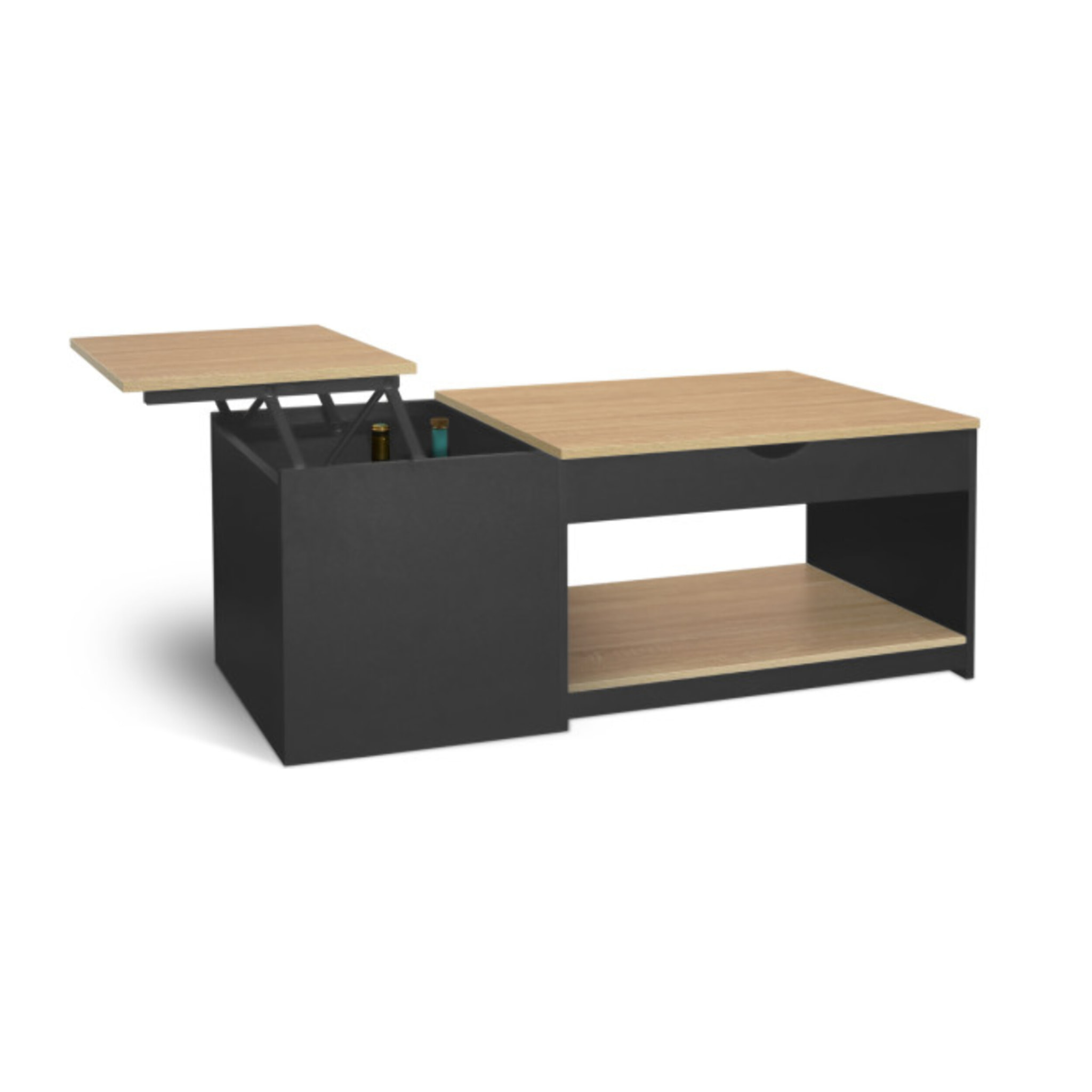 Table basse relevable + coffre Elina - 2 plateaux relevables