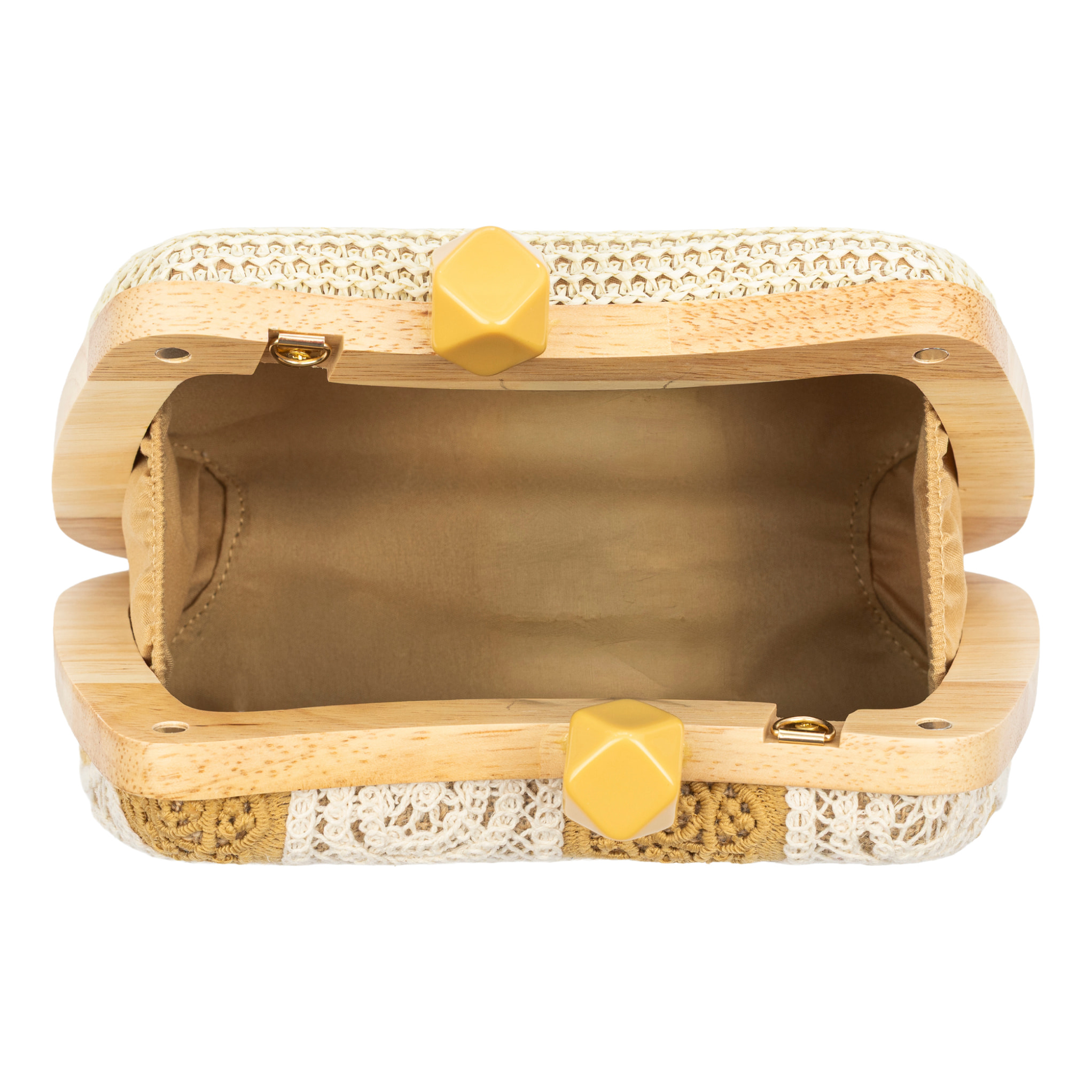 Bonamico Bolso bandolera Mujer. Fabricado en madera natural, algodón y paja trenzada.