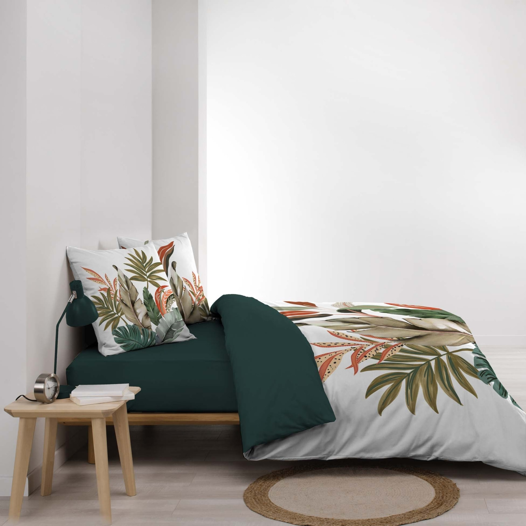 Parure de lit 3 pièces 100 % coton imprimé à motif tropical housse + taies - Vert